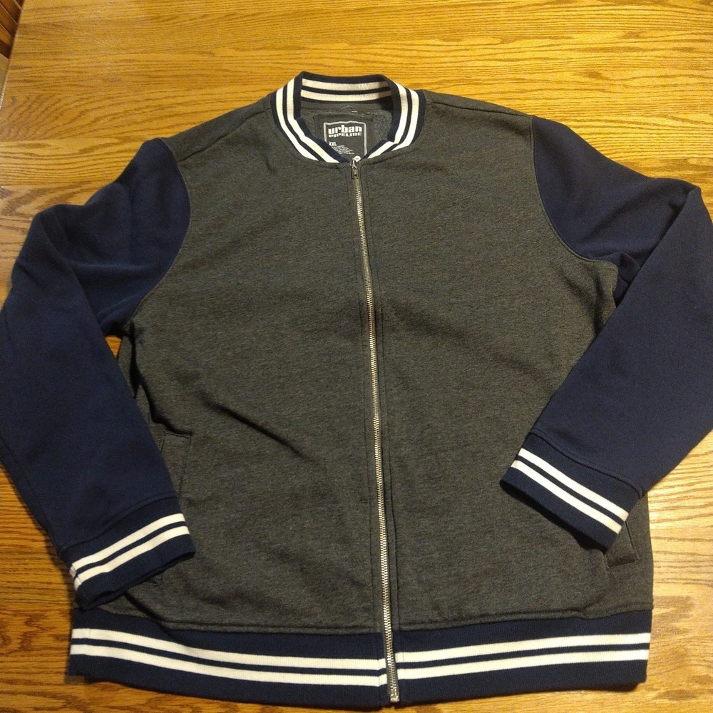 URBAN PIPELINE Mens Grey Navy Raglan Full Zip Jacket Stripe Cuff Collar Hem XXL